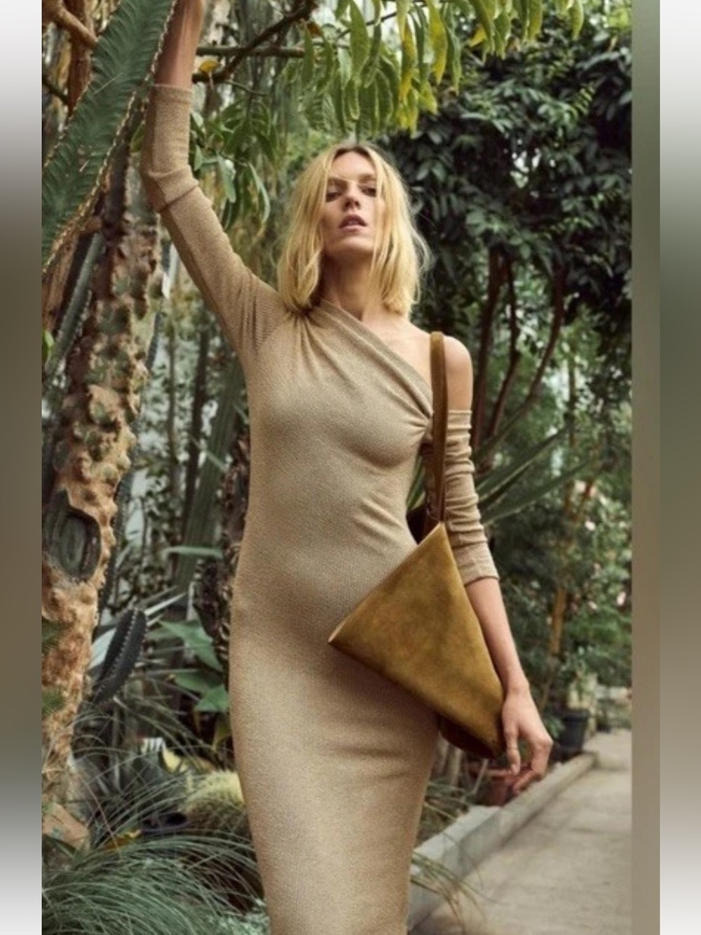 Zara One-Shoulder Ribbed Midi Dress in Beige
